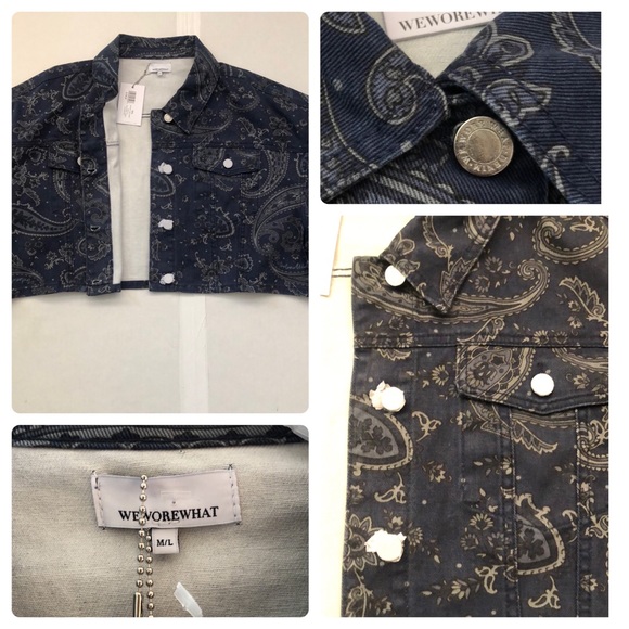 WEWOREWHAT Cropped Jean Jacket, Rigid Denim Paisley Print, Sz. M-L /NWT - Picture 10 of 17